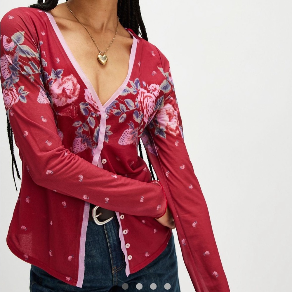 Free People Home Grown Mesh Cardi Magenta Combo XS NWT